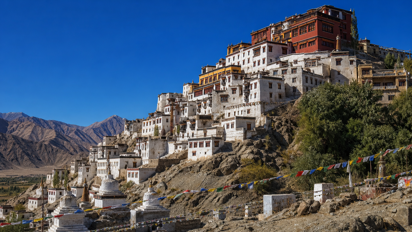Thiksey Monastery's white and ochre buildings stacked up a rocky hill in Ladakh under a deep blue sky.
