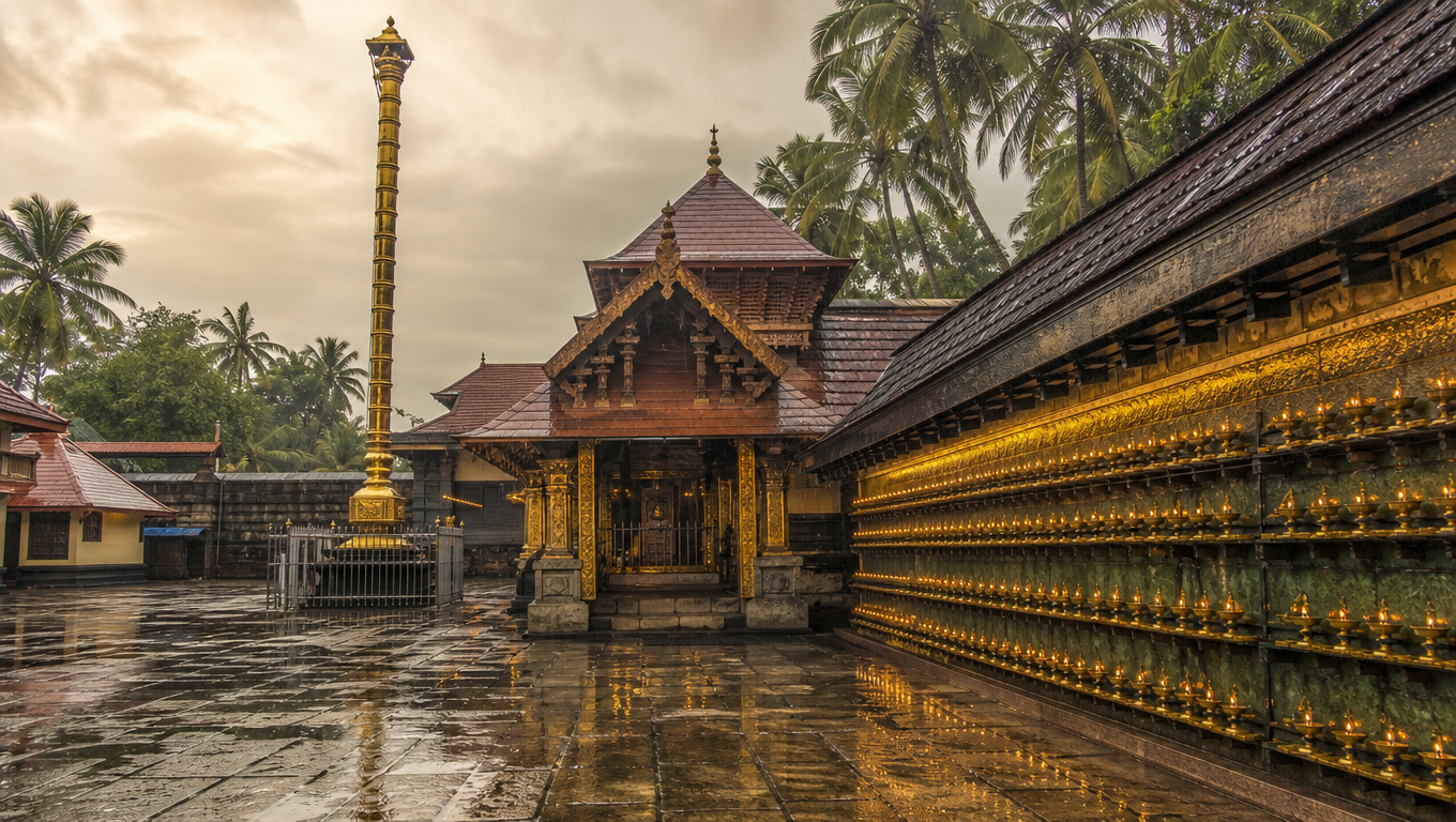 Guruvayur Temple in Kerala, the tiled-roof eastern gateway with a gold flagstaff and brass lamps along the wall.