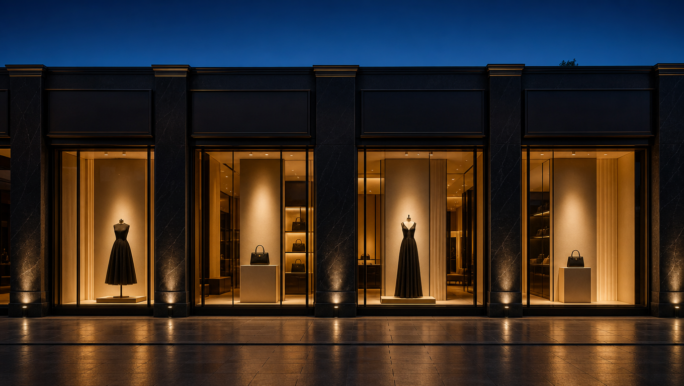 Row of designer storefronts at dusk with glowing floor-to-ceiling windows set in black stone facades.