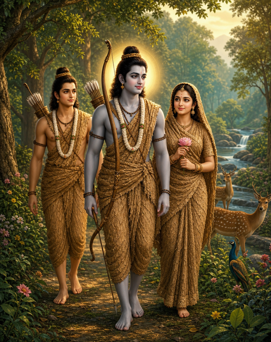 Devotional art of rama sita lakshmana in exile, rama, sita and lakshmana walking through a forest in bark garments during the exile, rama with his bow, sita with a lotus, deer and a river in a green dandakaranya setting.