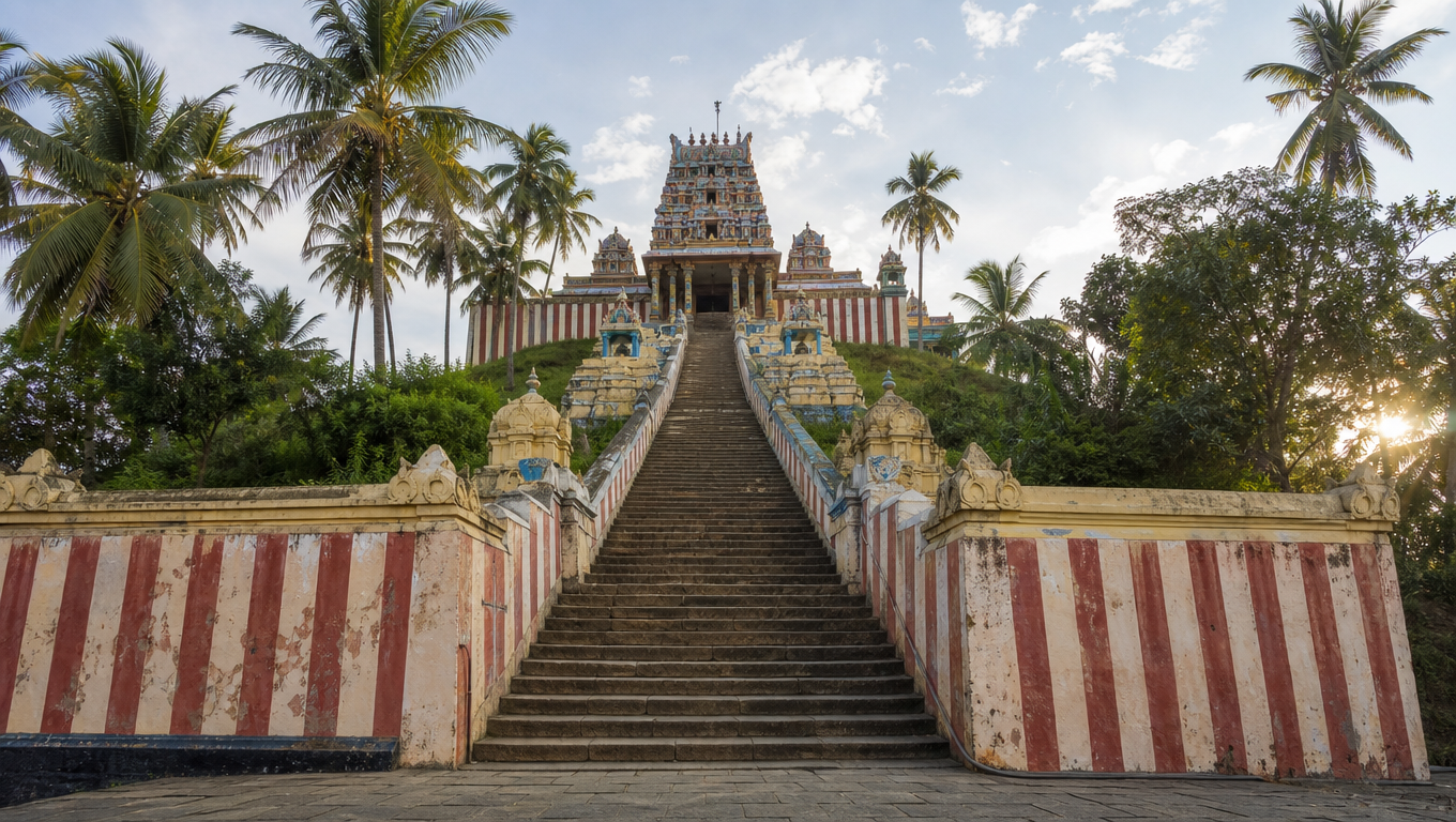 Swamimalai Murugan Temple with its long flight of stone steps rising between painted walls to the gopuram.