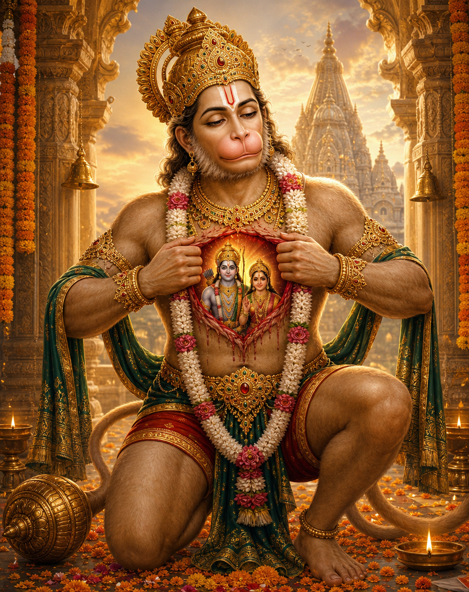 Devotional art of hanuman bhakti tearing his chest, hanuman kneeling and tearing open his chest to reveal rama and sita within his heart, a serene devoted expression, a soft golden glow, marigold and a temple backdrop.