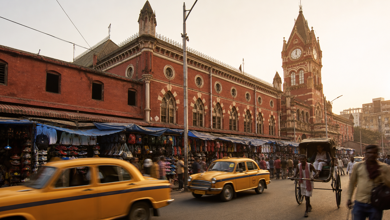 New Market in Kolkata, the red-brick Victorian hall and clock tower behind pavement stalls and a yellow taxi.