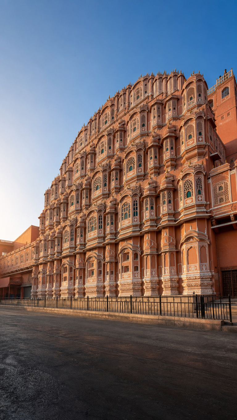 Hawa Mahal's pink sandstone honeycomb facade of jharokha windows rising over an empty Jaipur street.