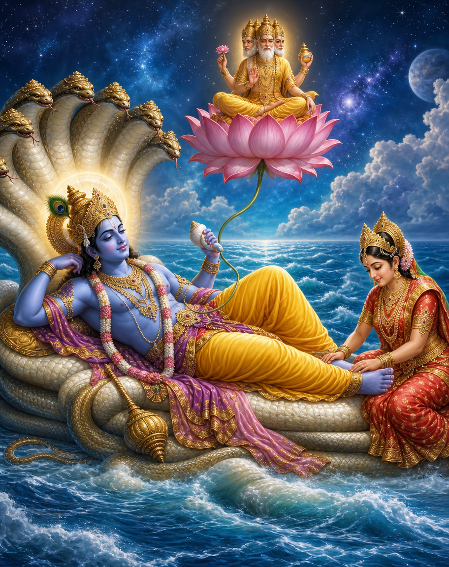 Devotional art of lakshmi narayan on shesha, vishnu reclining on the serpent shesha in the ocean of milk with lakshmi seated at his feet pressing them, a lotus rising from his navel with brahma upon it, a calm blue and gold cosmic scene.