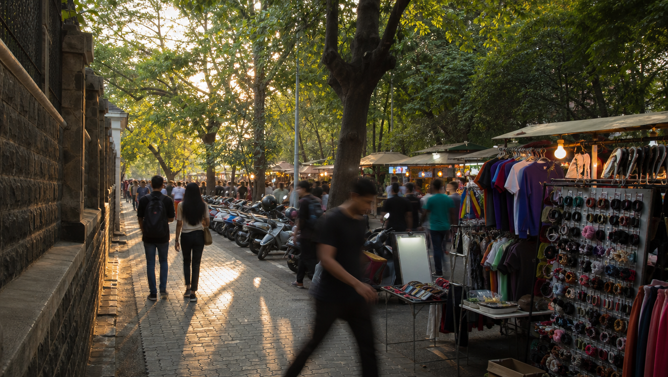 FC Road in Pune with tree-shaded footpath stalls of t-shirts and sneakers, cafes behind and scooters at the kerb.