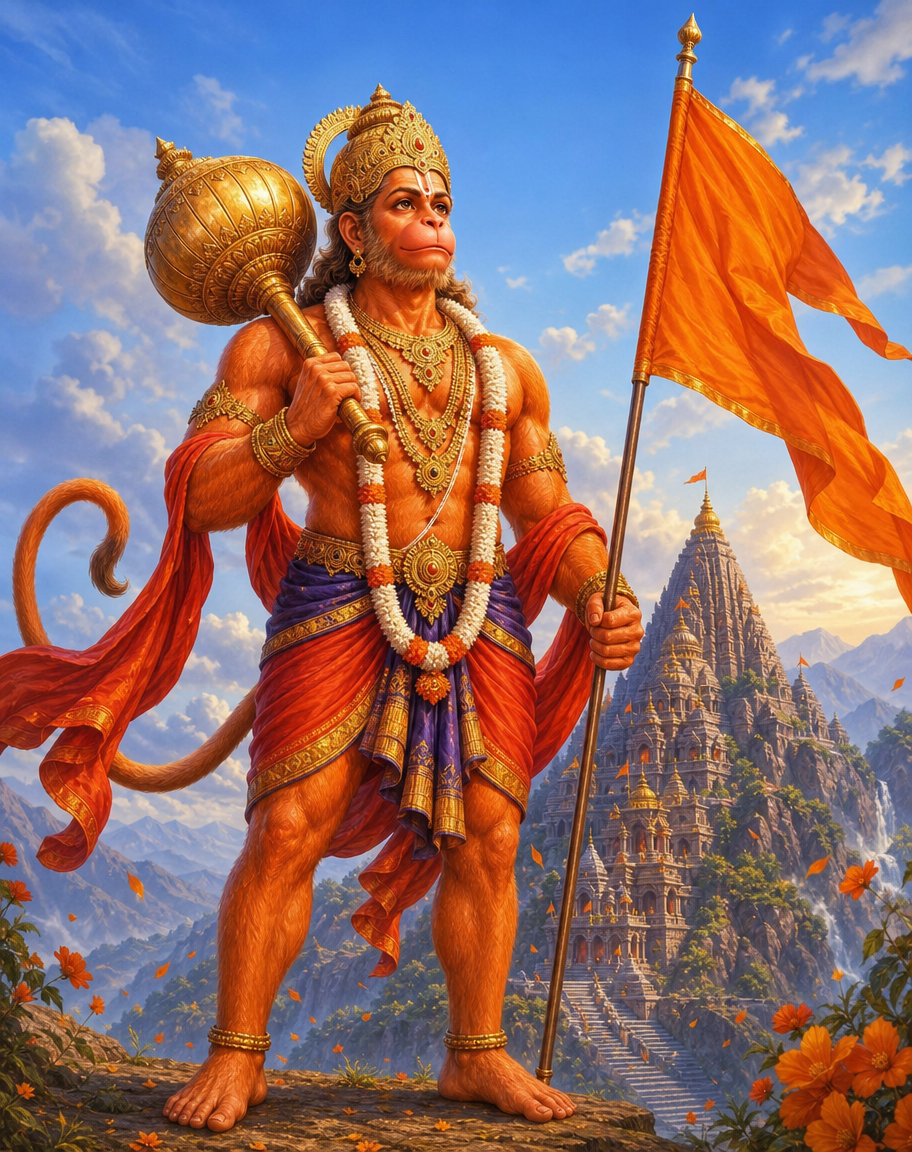 Devotional art of bajrangbali with mace, hanuman standing with his mace on his shoulder and a saffron flag, a mountain temple behind, a calm powerful pose, orange sindoor on his body, a clear sky.