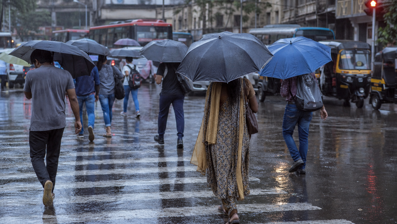 Pedestrians with umbrellas seen from behind crossing a busy city road in monsoon rain, reflections on wet tarmac, buses and autos waiting.