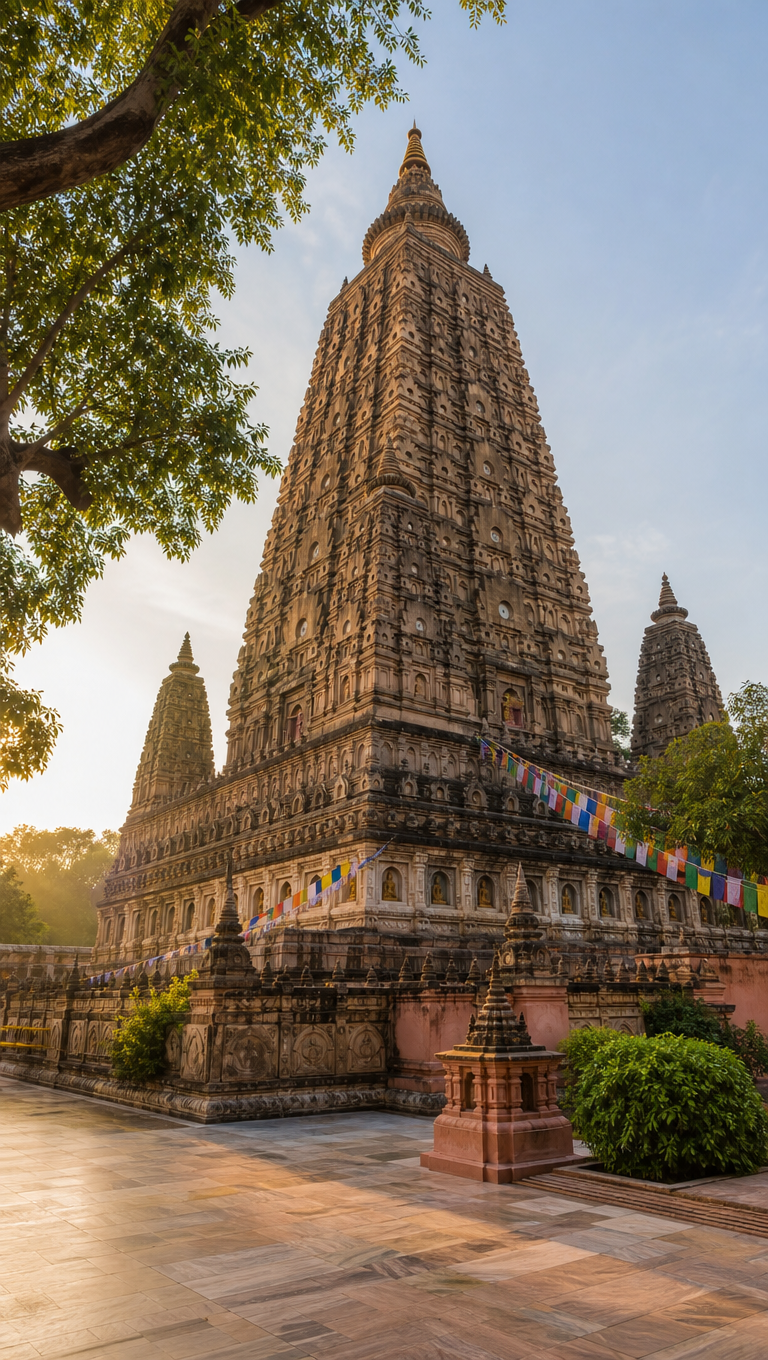 Vertical view of the tall brick Mahabodhi Temple at Bodh Gaya with the Bodhi tree and prayer flags beside it.