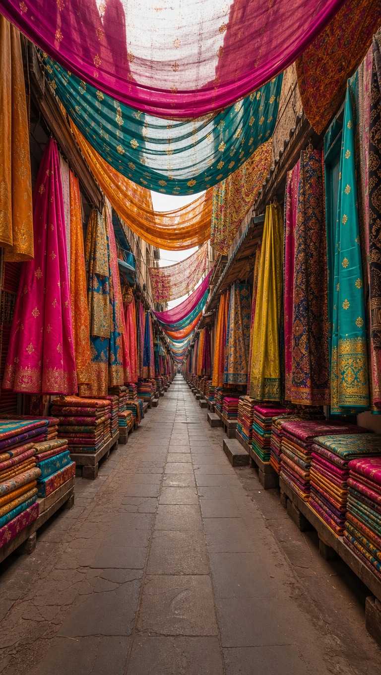 Narrow Indian cloth market lane with magenta, teal and gold saris hanging from awnings overhead.