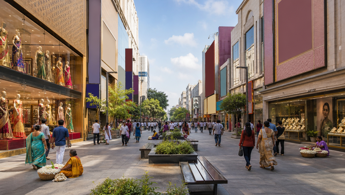Pondy Bazaar pedestrian plaza in Chennai with benches down the middle and silk-saree showrooms on both sides.
