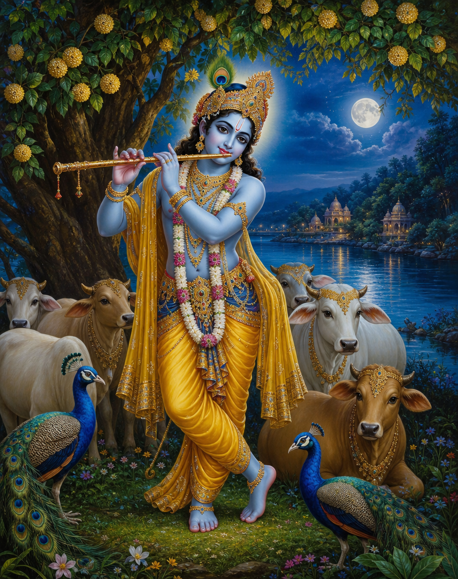 Devotional art of murlidhar playing the flute, krishna as murlidhar standing in tribhanga pose playing the flute under a kadamba tree, cows and peacocks around, yamuna river and a moonlit vrindavan behind, blue skin and yellow silk.