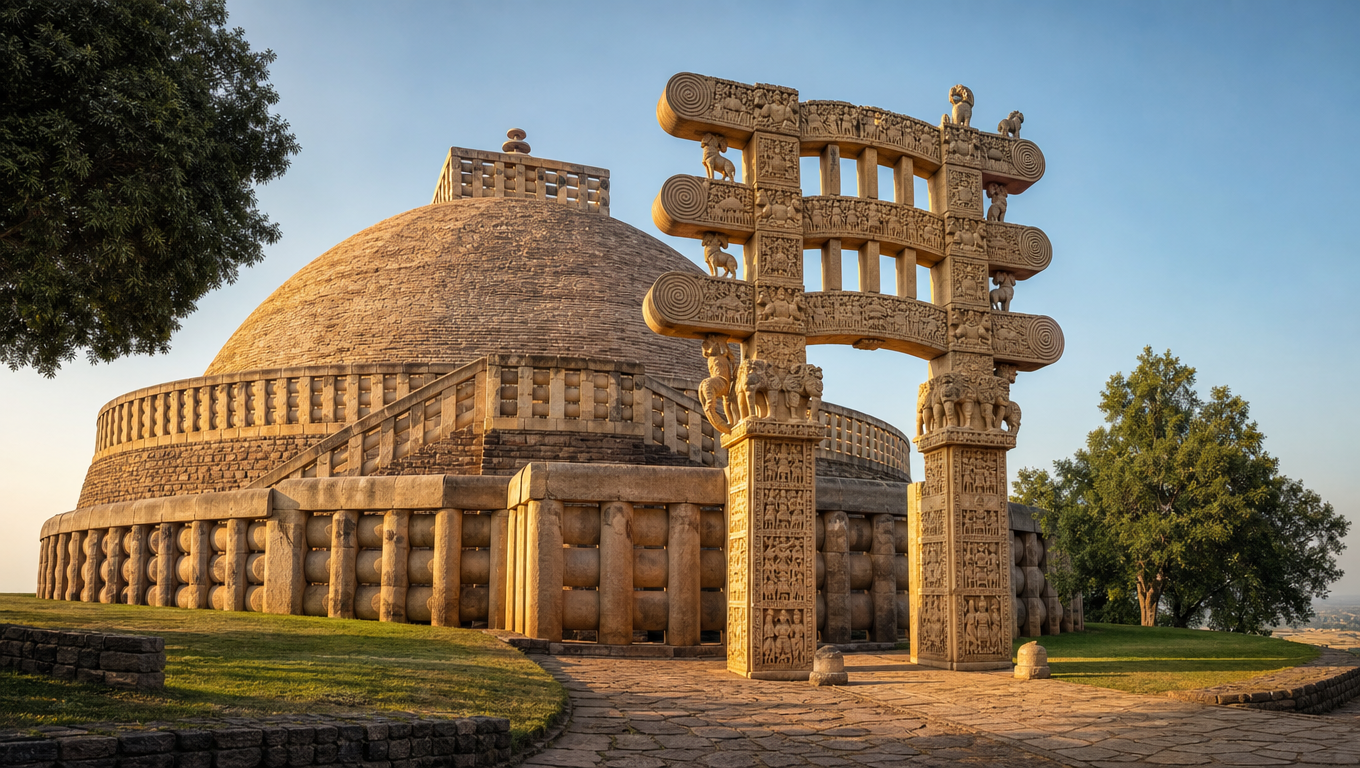 The Great Stupa at Sanchi seen through a carved stone torana gateway in morning light.