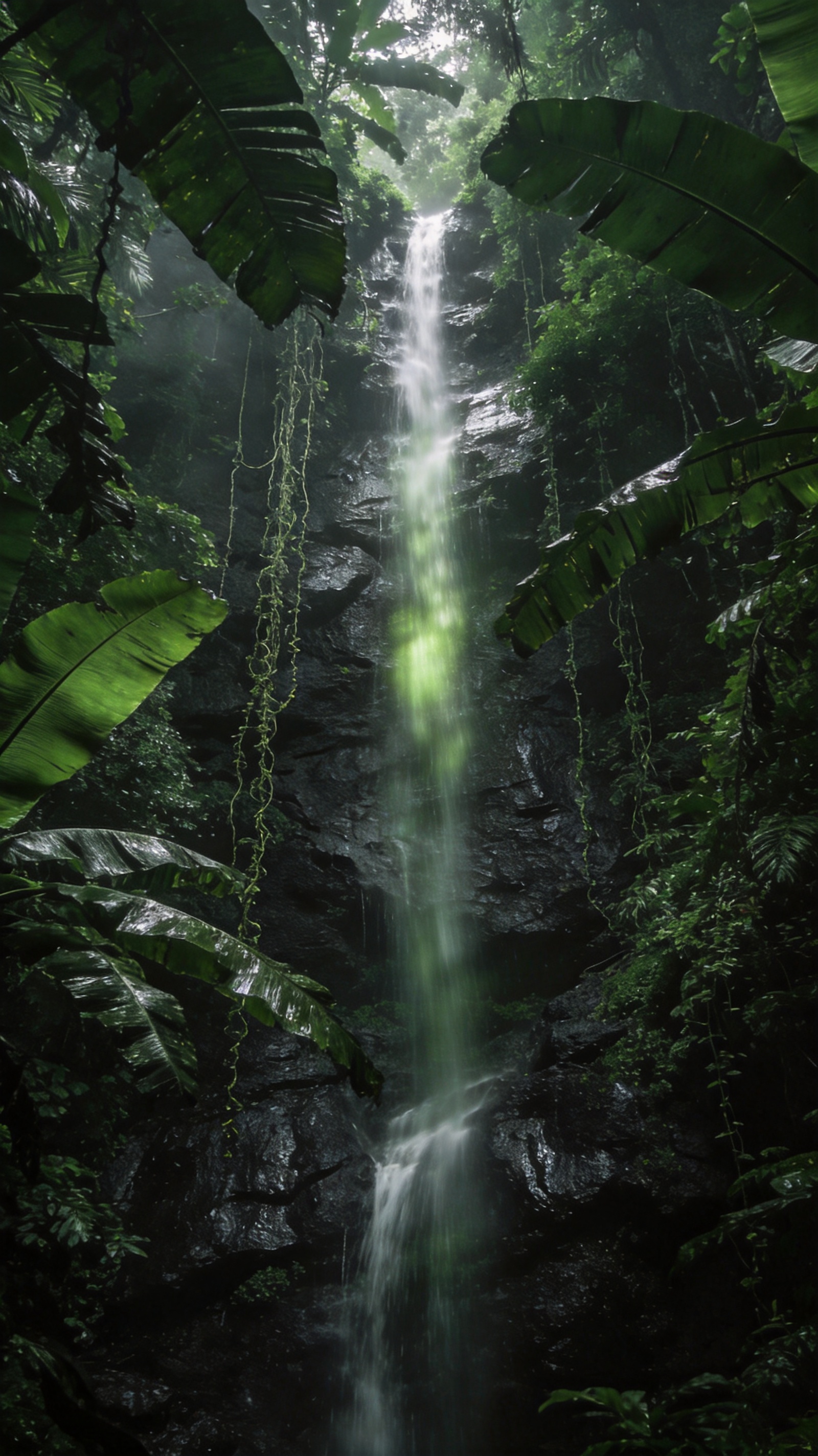 Tall jungle waterfall falling through wet black rock with vines and banana leaves framing both edges.