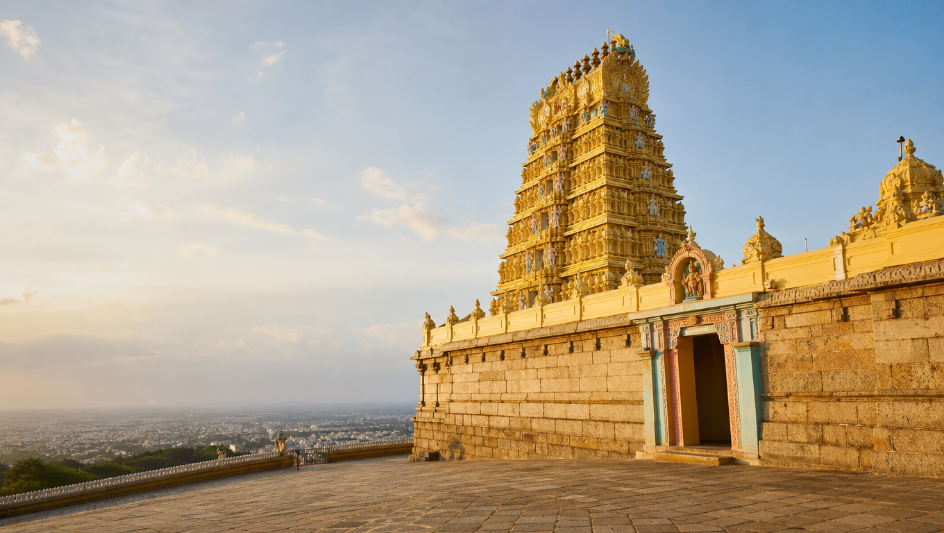 Chamundeshwari Temple on Chamundi Hill, its gold and pastel gopuram above the plains around Mysuru.