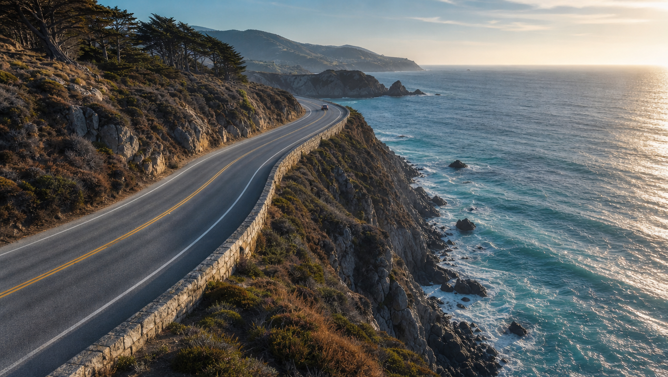 Coastal highway curving along a cliff edge above a turquoise sea in late afternoon light.