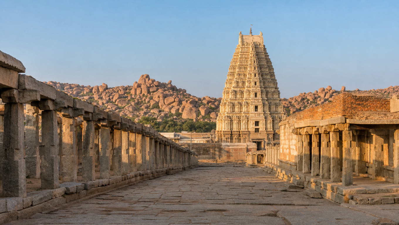 Virupaksha Temple's gopuram at Hampi rising above the ruined stone bazaar with boulder hills behind.