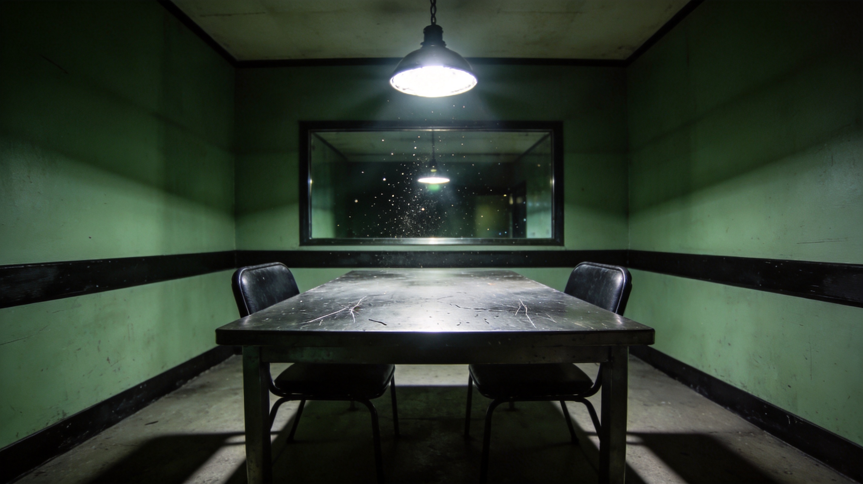 Empty interrogation room lit by a single hanging bulb over a steel table with two facing chairs.