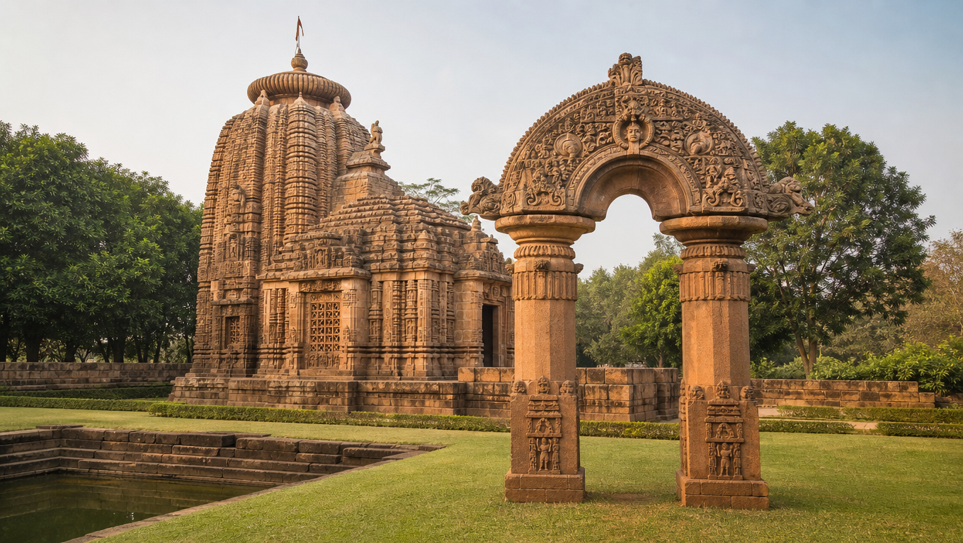 Mukteshwar Temple in Bhubaneswar, its carved stone torana arch in front of the ribbed sandstone Kalinga tower.