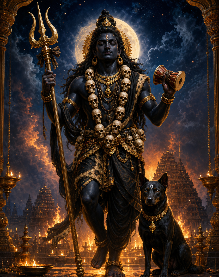 Devotional art of bhairava fierce form of shiva, kala bhairava, the fierce form of shiva, dark-skinned with a garland of skulls, a trident and a damaru, his dog beside him, flames and a night sky behind, a serene third eye despite the fierce iconography.