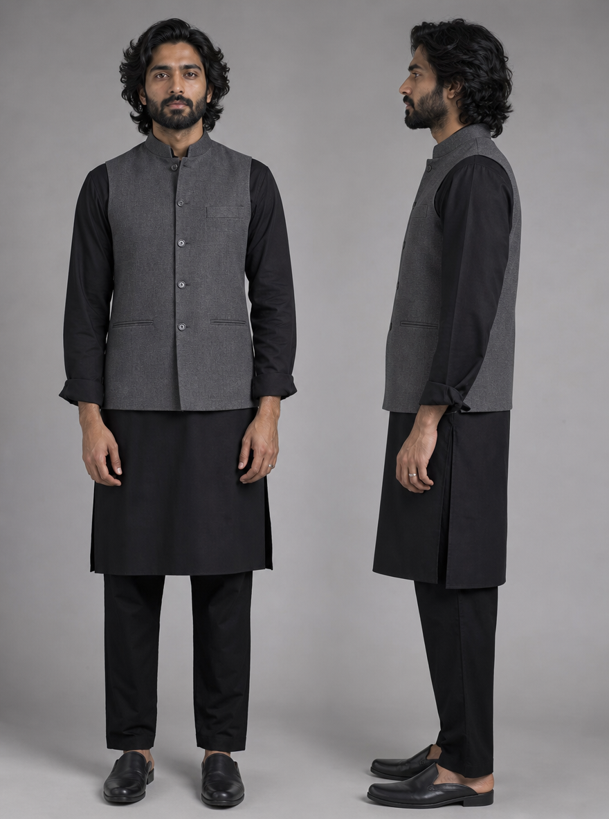 Photorealistic character reference sheet of Kabir Khan, an Indian man in a black kurta, front view and profile.