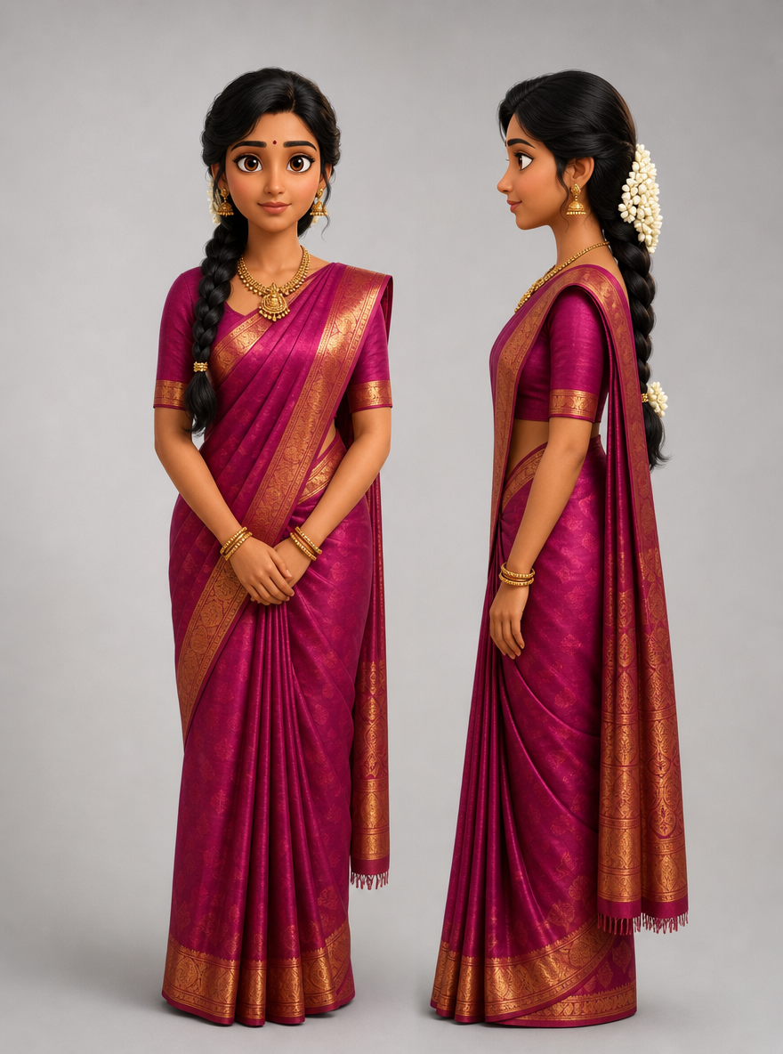 3d pixar-style character reference sheet of Priya Nair, an Indian woman in a magenta Kanjivaram silk saree, front view and profile.