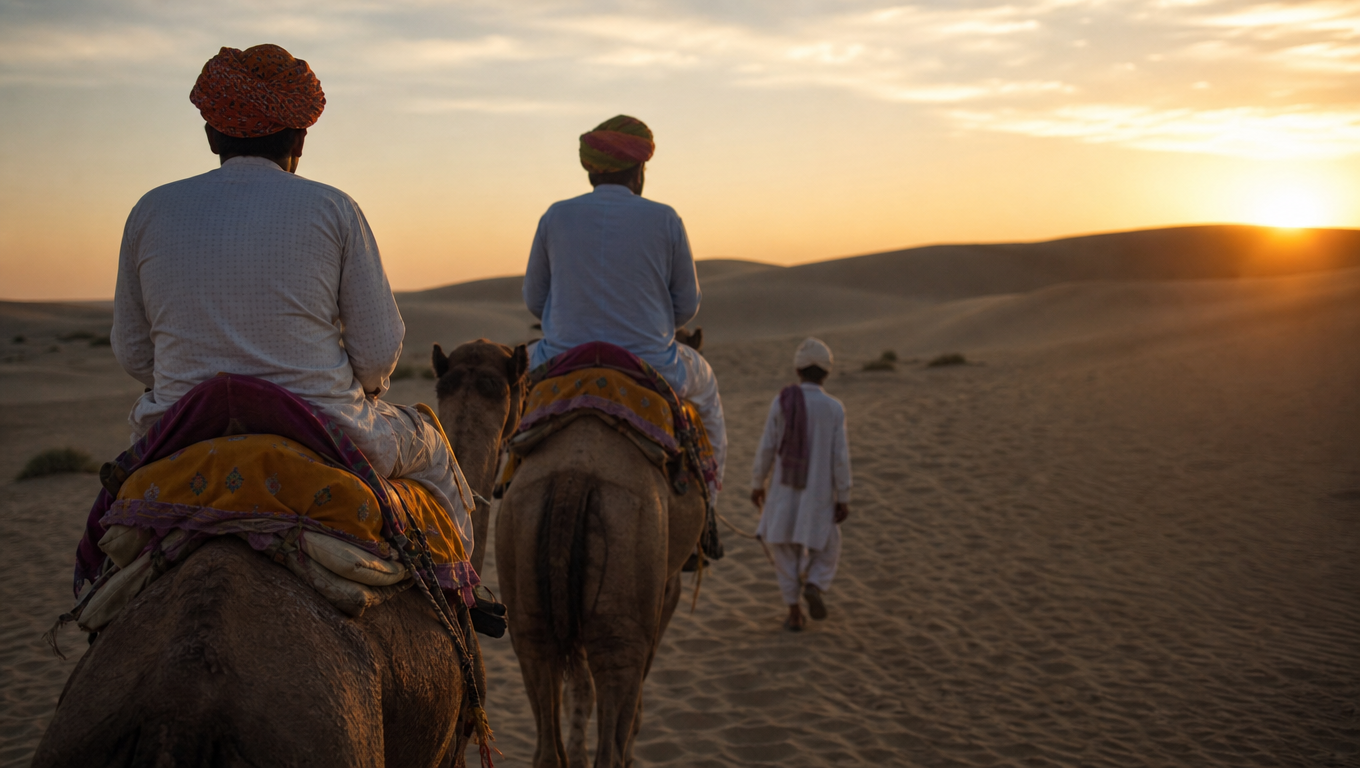 Two riders seen from behind on camels crossing sand dunes at sunset with a guide walking ahead, Rajasthani turbans, long shadows.