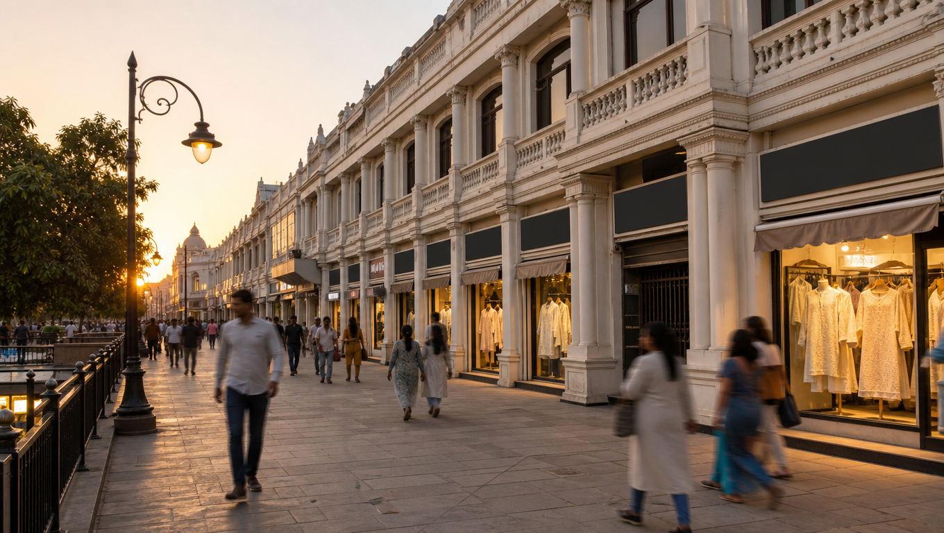 Hazratganj in Lucknow, a colonial shopping street with cream facades, uniform signboards and Victorian lamp posts.