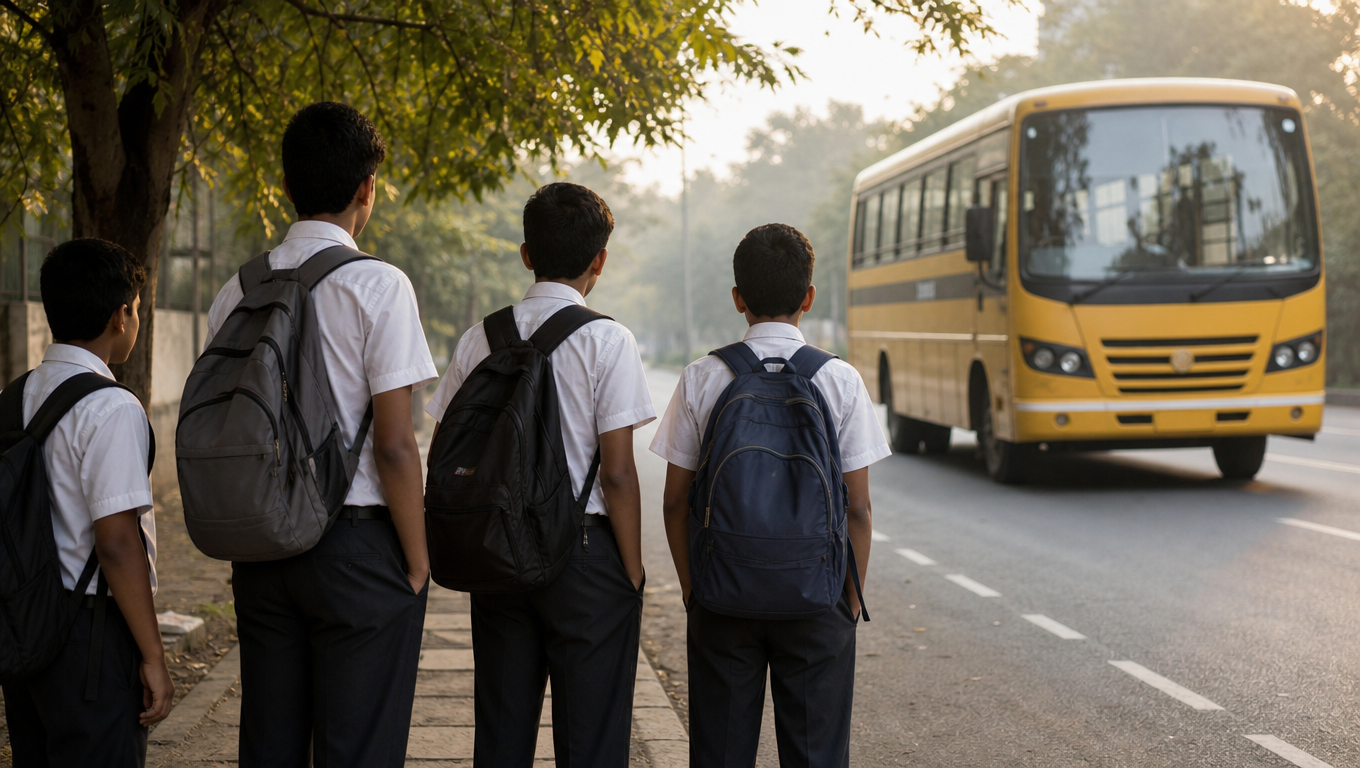 School boys in uniform seen from behind waiting at a bus stop with bags, a yellow school bus arriving, early morning.