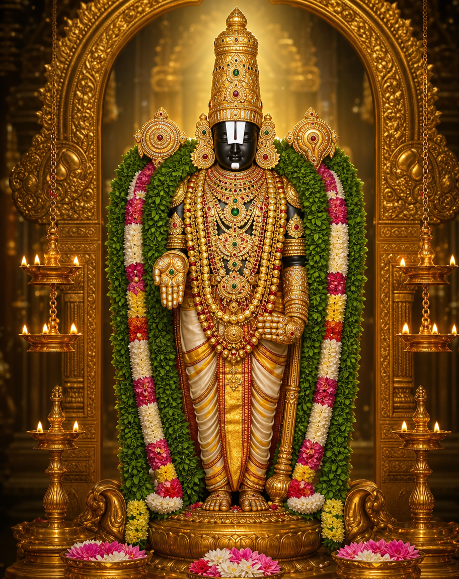 Devotional art of venkateswara balaji of tirumala, lord venkateswara of tirumala standing with a tall gold crown, a white namam on the forehead, heavy garlands of tulsi and flowers, jewelled ornaments, a gold sanctum glow.