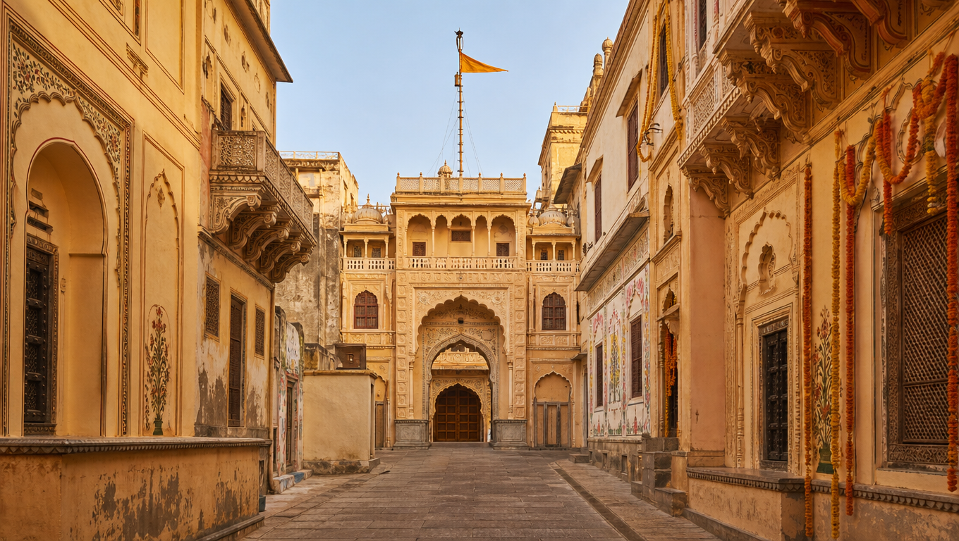 Shrinathji Temple in Nathdwara, a cream and ochre haveli-style facade with a saffron flag at the end of a lane.