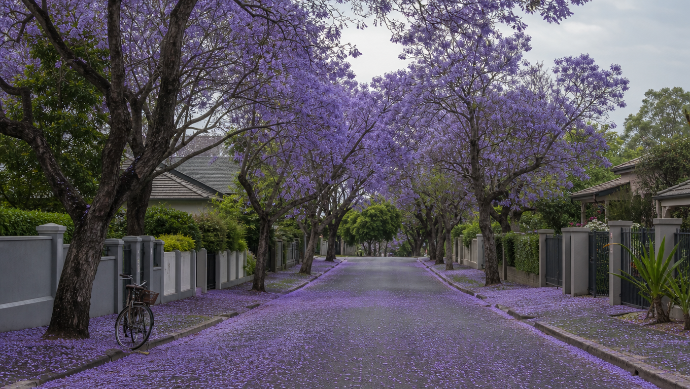 Quiet suburban street lined with jacaranda trees in purple bloom, blossom carpeting the road and pavement.