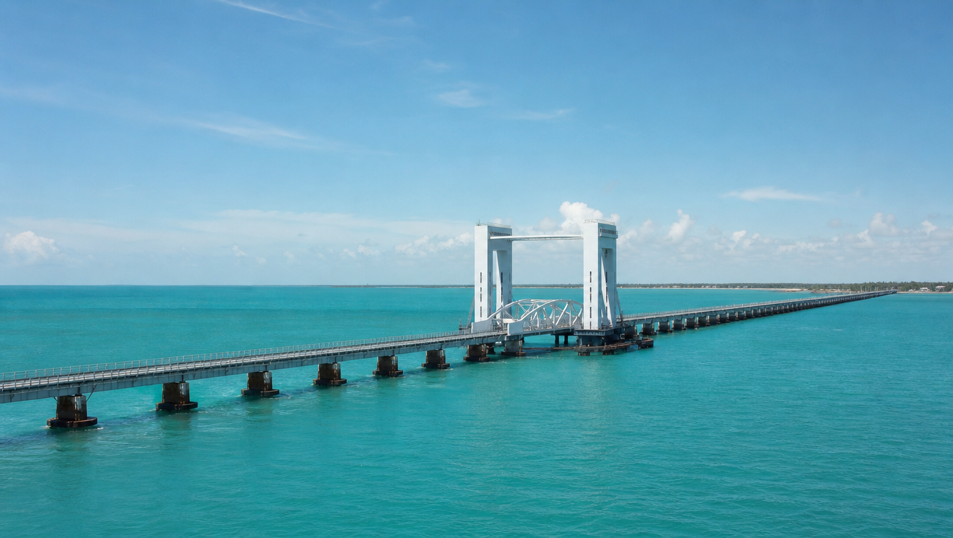 Pamban rail bridge running across shallow turquoise sea toward Rameswaram with its lift span in the middle.