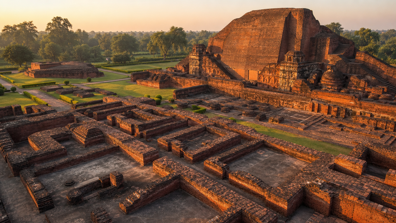 Red-brick ruins of Nalanda's monasteries and the great temple mound in golden-hour light.