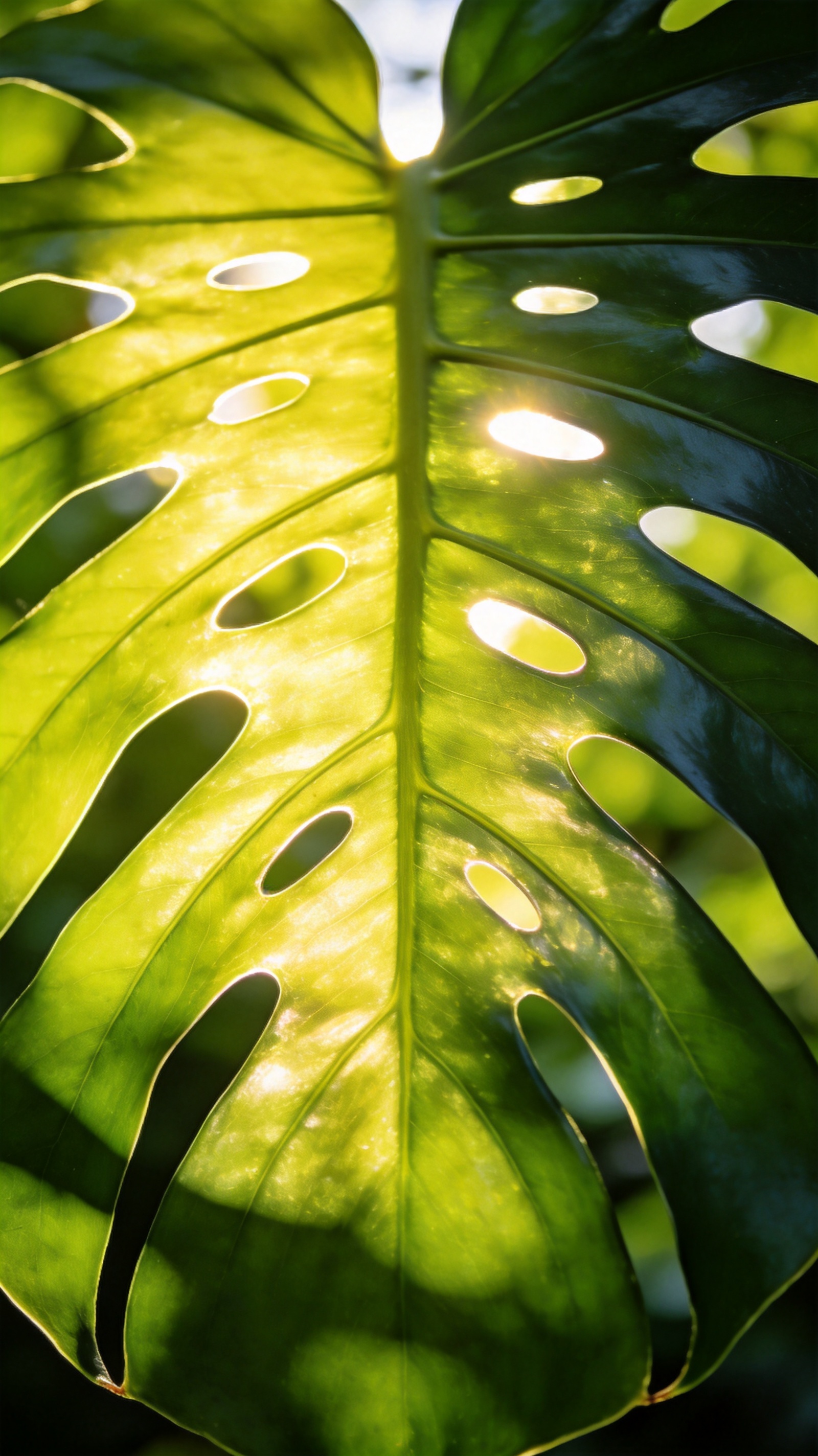 Backlit monstera leaf glowing green with its vein network and fenestrations clearly visible.