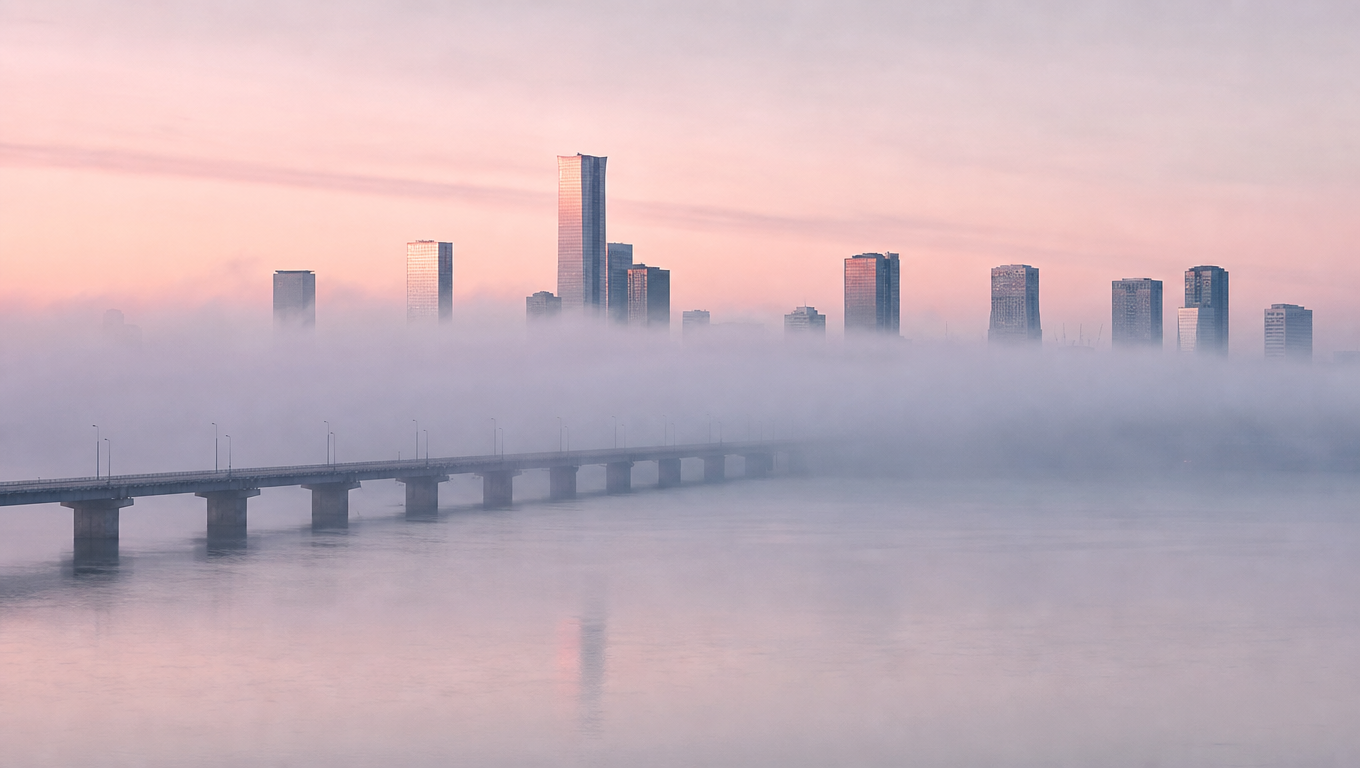 City skyline of towers rising above low dawn fog across a still river, a bridge fading into mist.