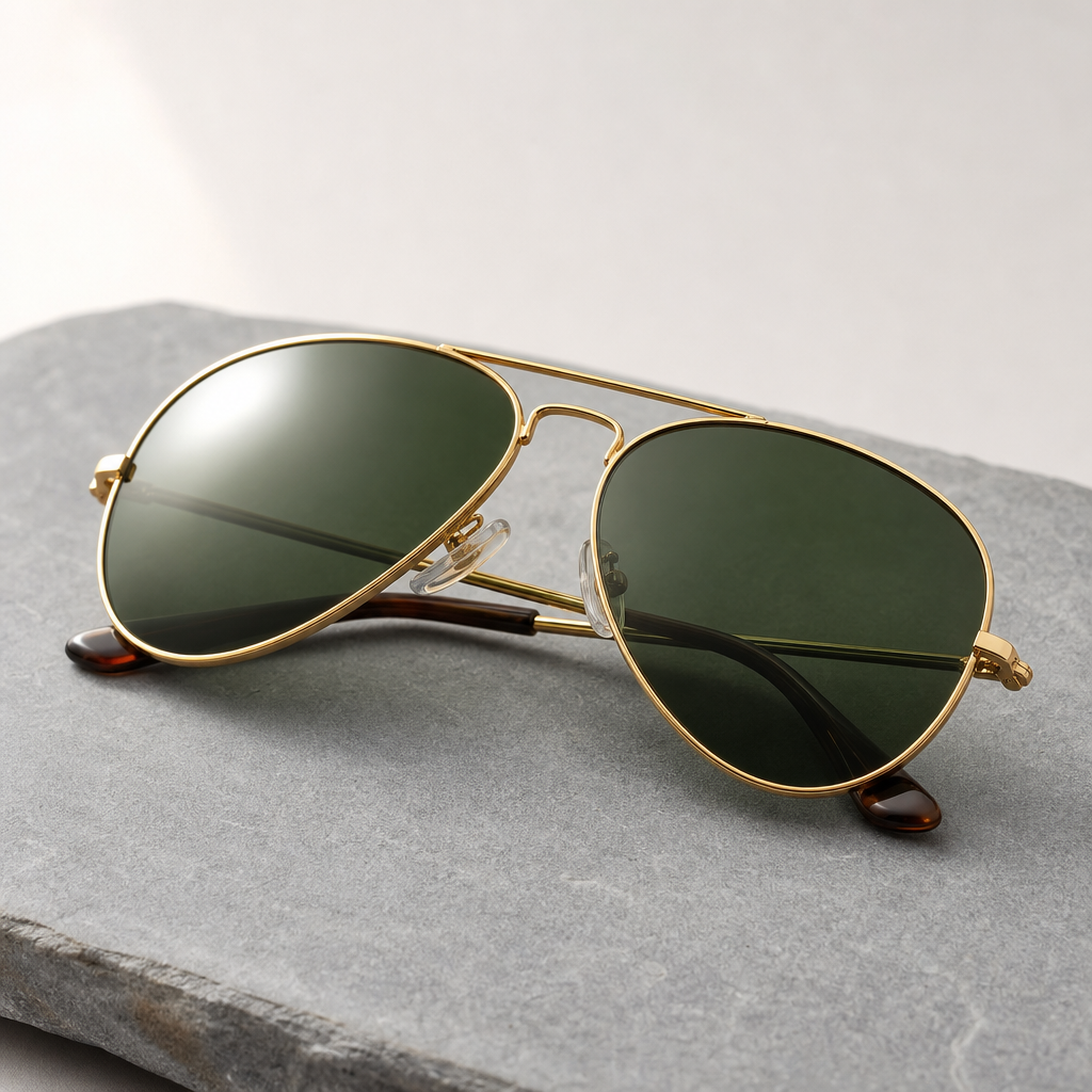 Gold-frame aviator sunglasses with green lenses folded on a smooth grey stone slab.