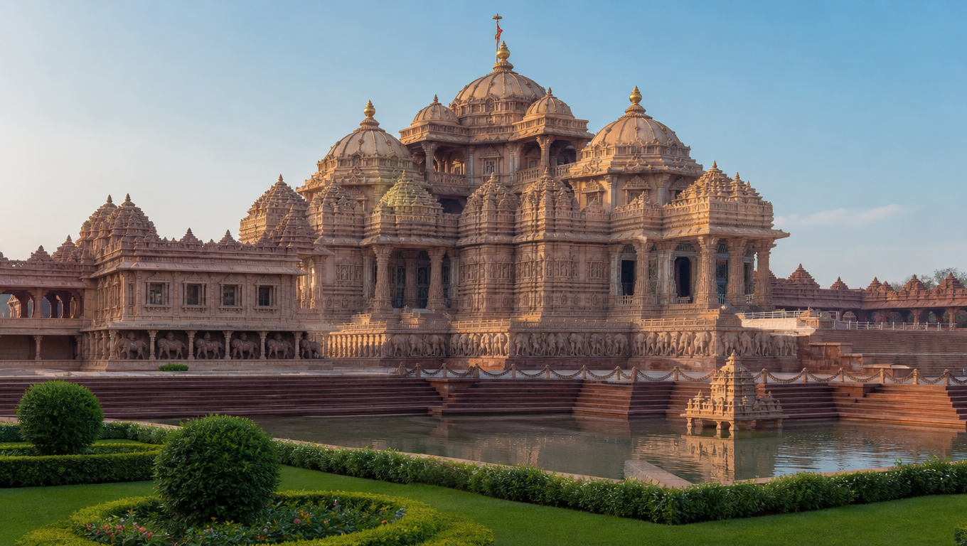 Swaminarayan Akshardham in Delhi, the carved sandstone temple with its dome and shikharas above lawns and water.
