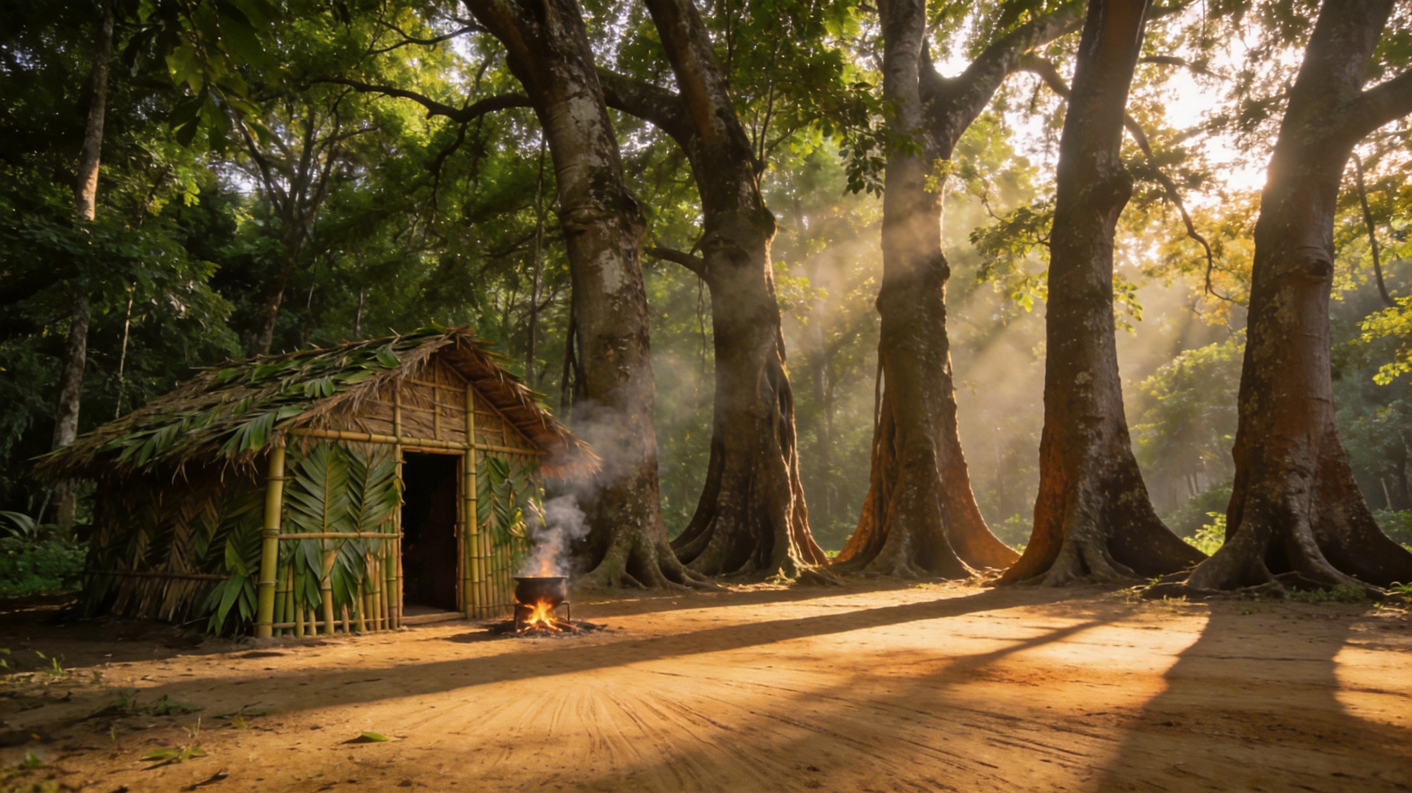 Thatched bamboo hut in a sunlit forest clearing beside banyan trunks with a small fire smoking outside.