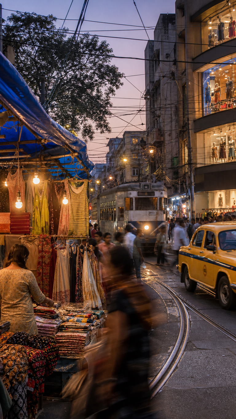 Vertical view of Gariahat in Kolkata with saree stalls under blue tarpaulin, showrooms behind and a yellow taxi.