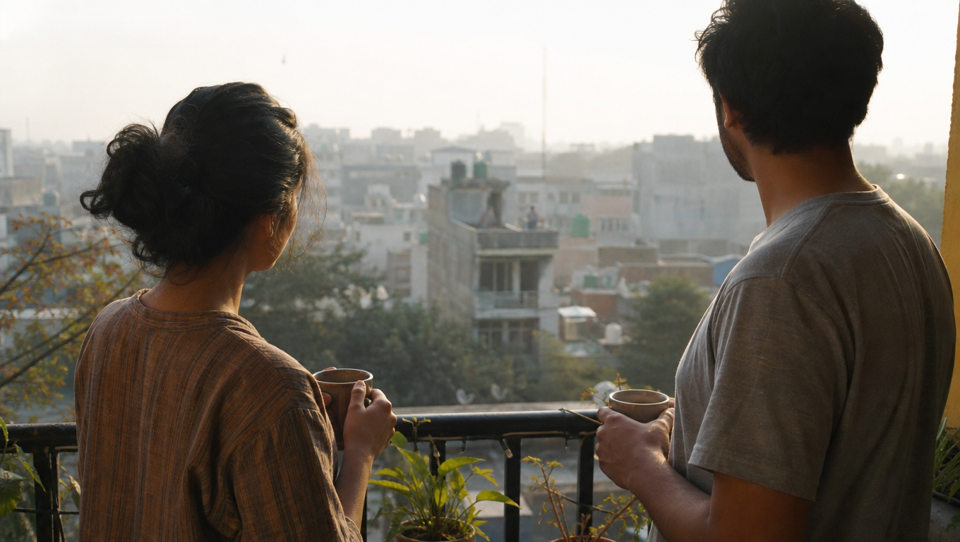 A couple seen from behind on a small apartment balcony with two cups of chai, plants on the railing, a hazy city waking up beyond, soft morning light.