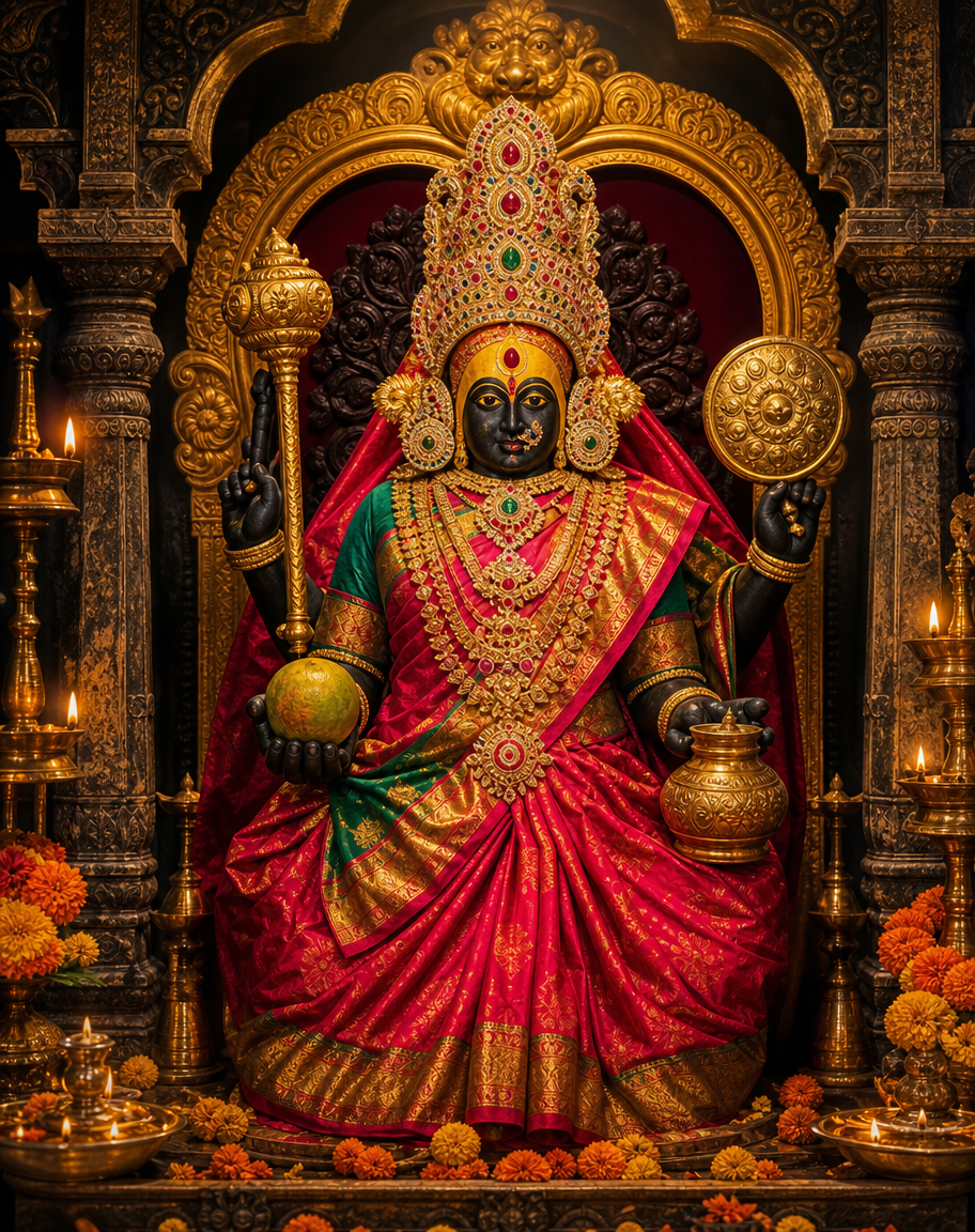 Devotional art of mahalakshmi ambabai of kolhapur, goddess mahalakshmi as ambabai of kolhapur, the black stone icon with a gem-studded crown and silk saree, holding a mace, shield, fruit and pot, the sanctum's oil lamps and marigold.