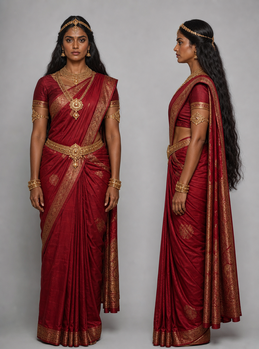 Photorealistic character reference sheet of Draupadi of Panchala, an Indian woman in a deep crimson silk saree, front view and profile.
