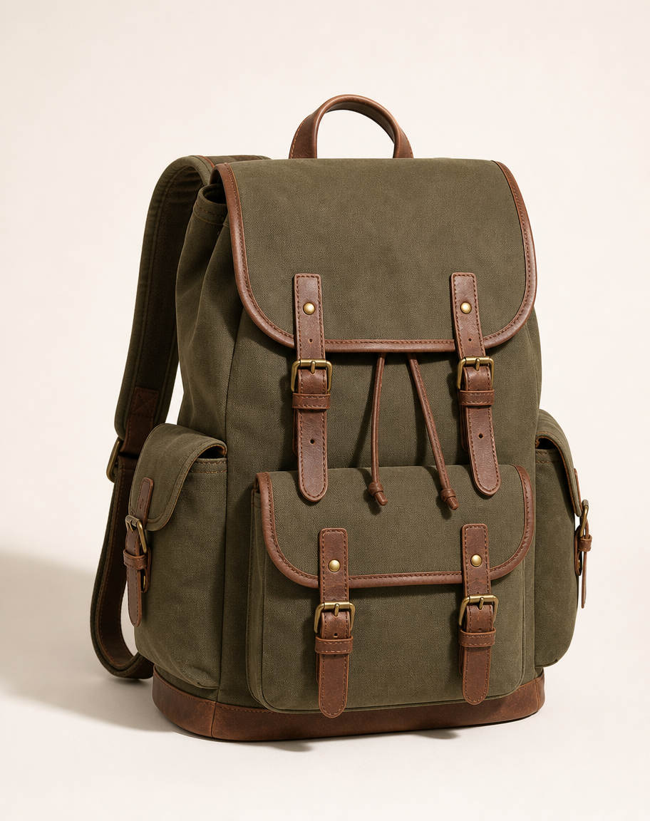 Olive canvas backpack with brown leather trim and brass buckles standing upright on a warm white surface.