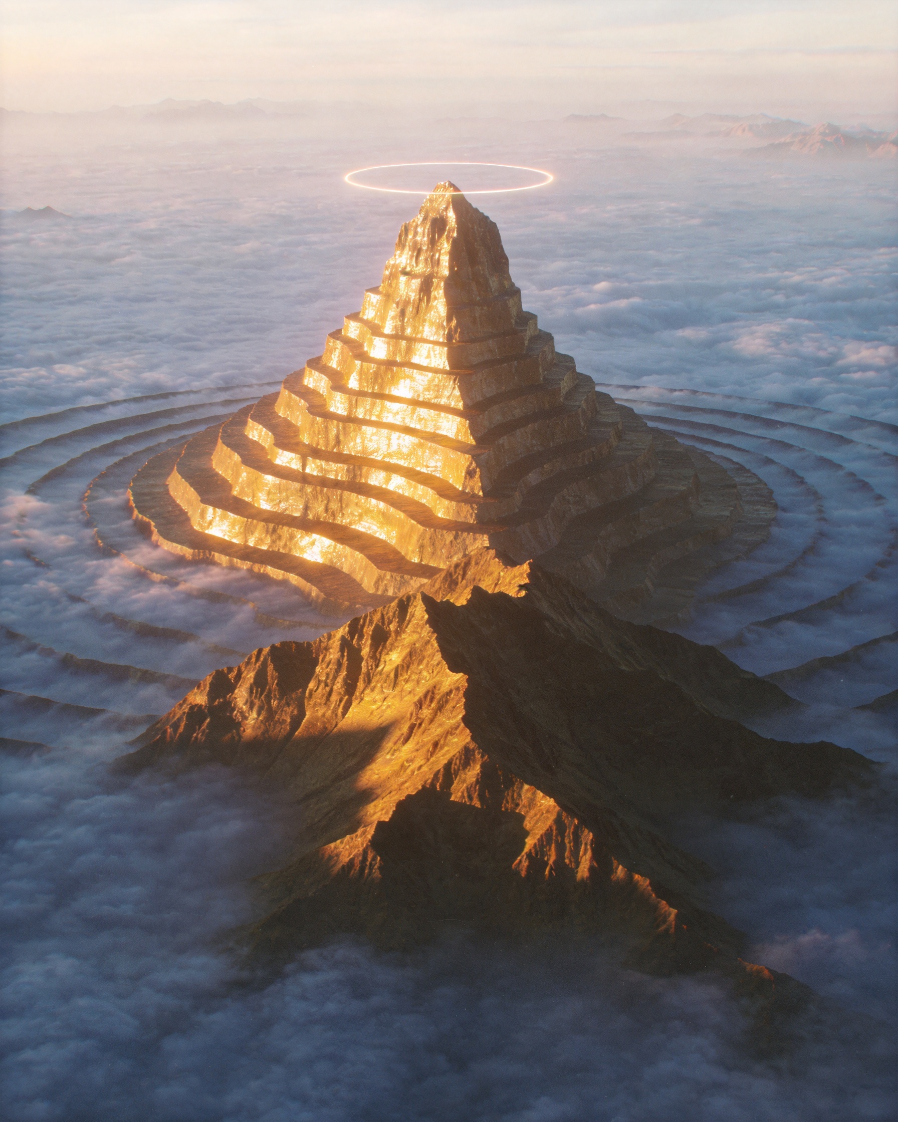 Tiered golden mountain rising through a flat sea of cloud with concentric ranges below and a halo at its summit.
