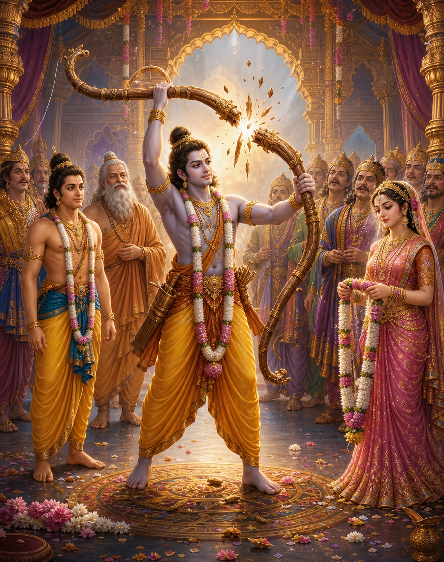 Devotional art of rama breaking shiva's bow, rama lifting and breaking shiva's great bow at sita's swayamvara in mithila, kings watching in awe, sita with a garland, vishwamitra and lakshmana nearby, a grand hall.