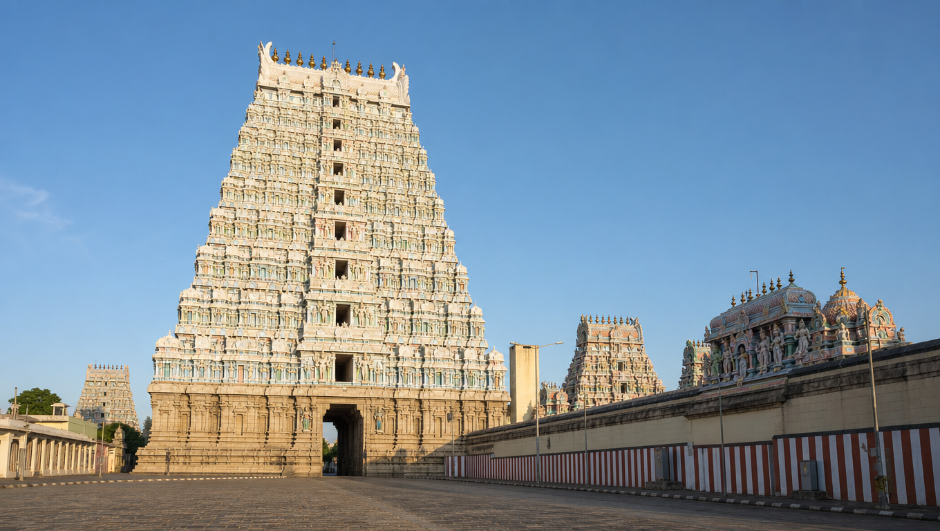 The tall white Rajagopuram of Ranganathaswamy Temple in Srirangam rising over an empty paved street.
