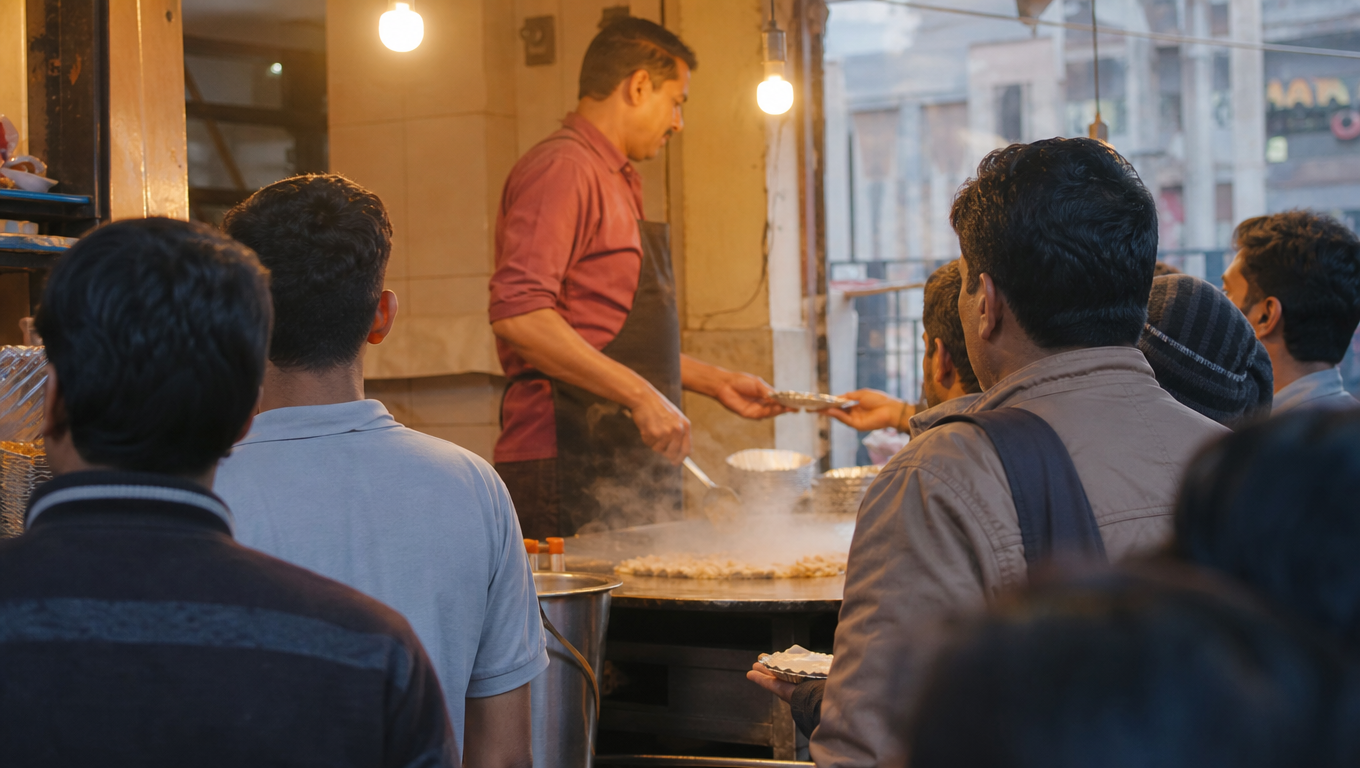 A crowd seen from behind at a street-food counter as a cook works a large tawa, steam rising, paper plates being passed, evening bulbs.