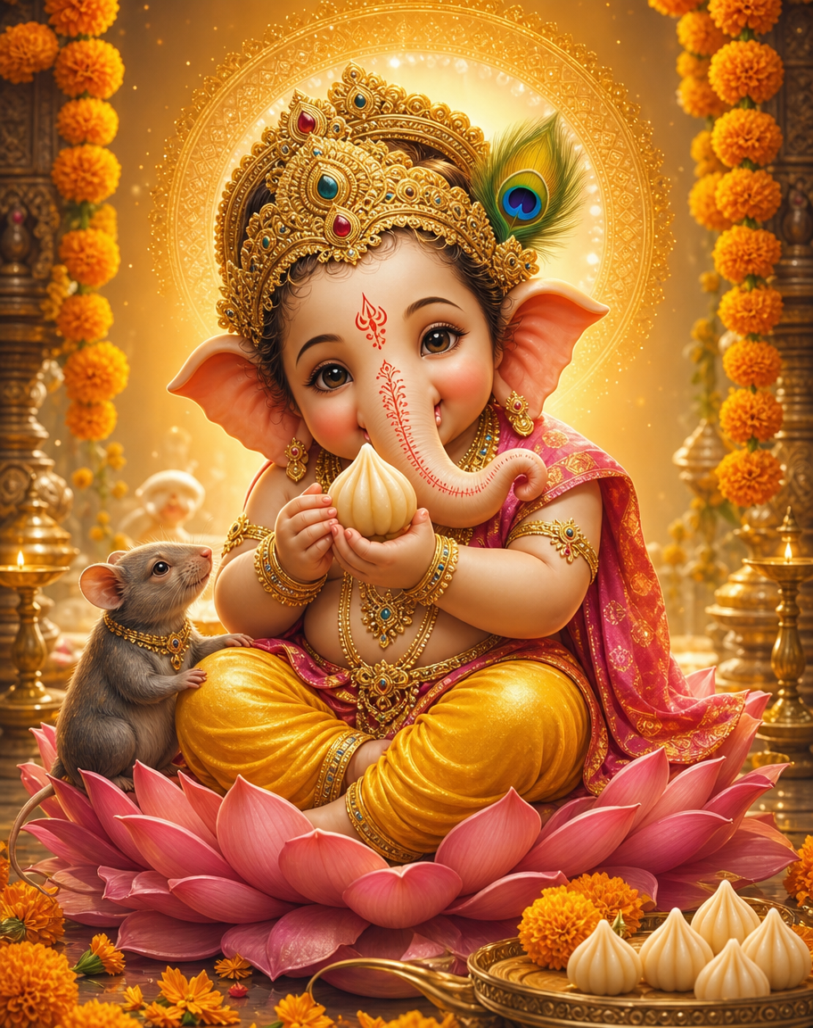 Devotional art of bal ganesha with modak, baby ganesha, chubby and playful, seated on a lotus holding a modak, his mouse companion beside him, marigold garlands and a soft golden glow, sweet gentle expression.