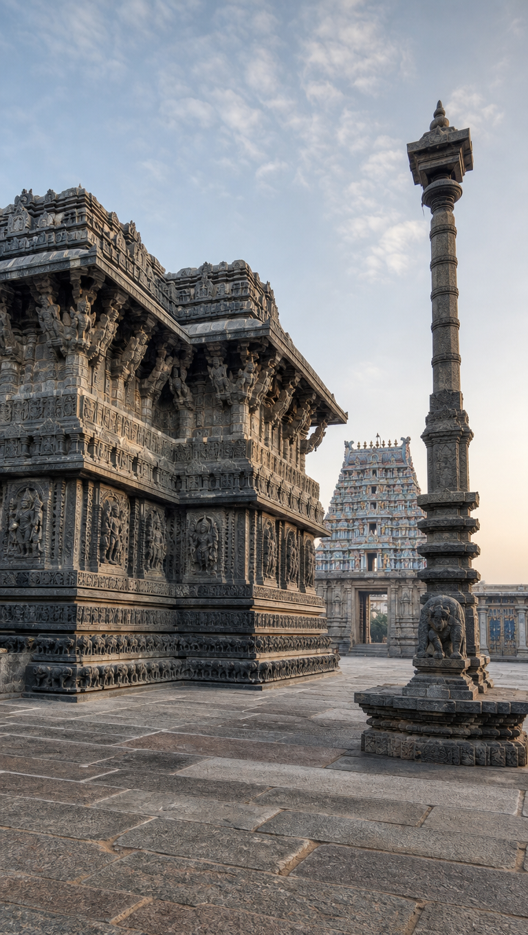 Vertical view of the carved star-shaped Chennakesava Temple at Belur with its stone lamp pillar in the courtyard.